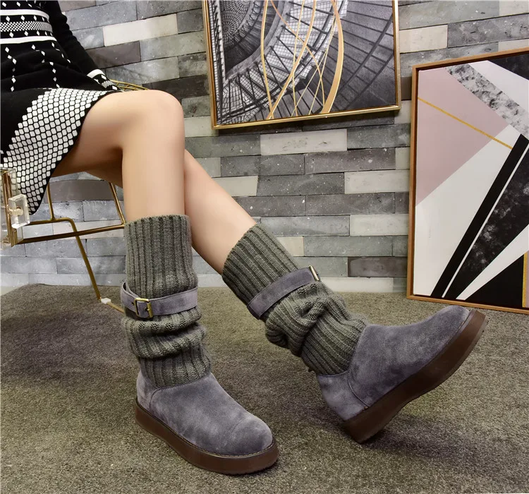 

Warm Winter Sock Boots Roman Stylish Belt Buckle Design Women Boots Short Booties Color Women Flats Flock Shoes Mid-calf Boots