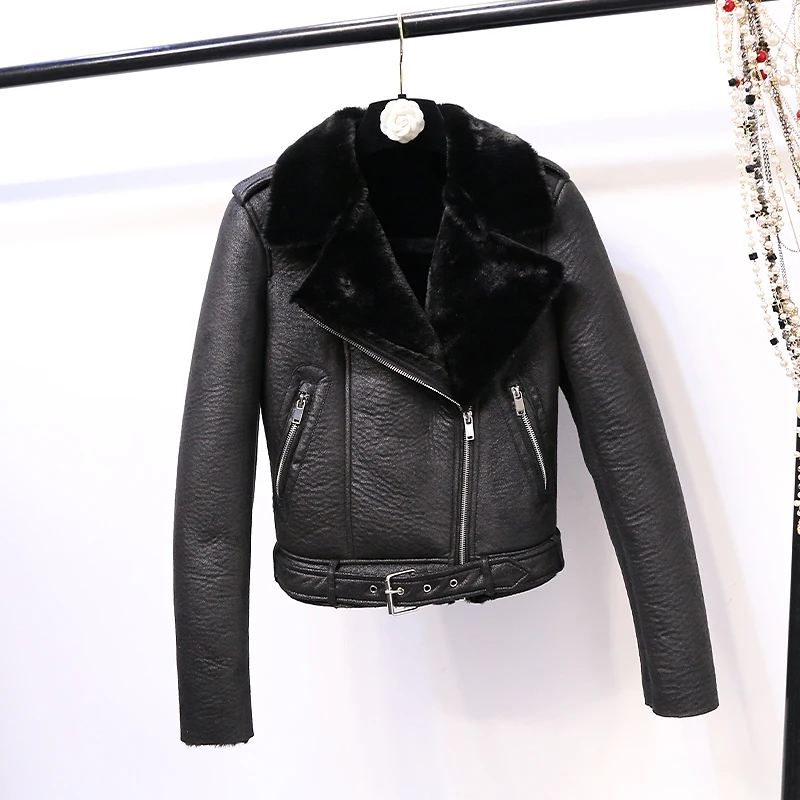 

Winter Female New Black Turn Down Collar Parkas Women Thick Flocking Long Sleeve Motorcycle Jacket High Quality Loose Coat Z479