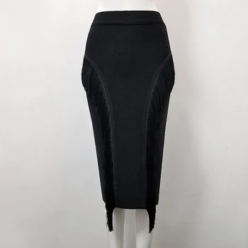 

High Quality Sexy Tassel Black Bandage Skirt 2018 Knitted Bodycon Pencil Skirt