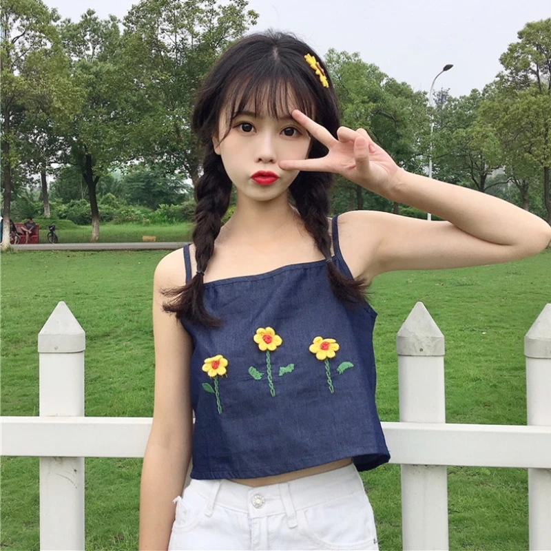 

summer new fashion brand Sweet beauty flower crop tops Korean style spaghetti strap Tanks Camis high quality vetement femme hot