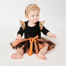 3 шт. Комплект Одежда с длинным рукавом благородный черный золотой платье принцессы для маленьких девочек с крыльями ангела наряд ползунки Пышная юбка голову