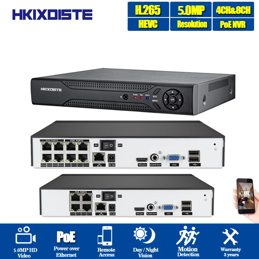

4CH/8CH H.265 POE NVR play and plug 48V 802.3af 5MP CCTV NVR video Security Remote view surveillance Onvif P2P support4/5MP