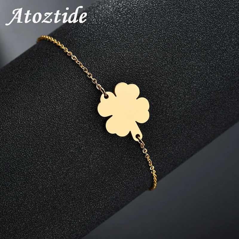 

Atoztide 2018 New Fashion Women Clovers Bracelets Stainless Steel Adjustable Plant Leaves Chain Bracelets Wedding Gift