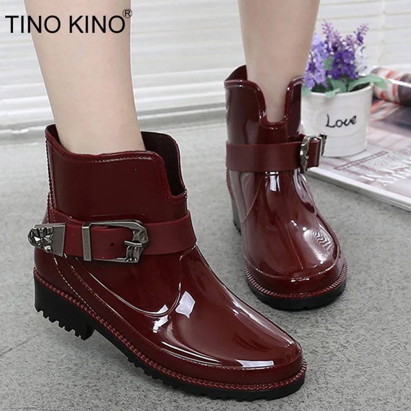

TINO KINO 2018 Women Ankle Rain Boots New Waterproof Female Buckle Strap Boot Slip On Shoes Ladies Fashion Casual Flats