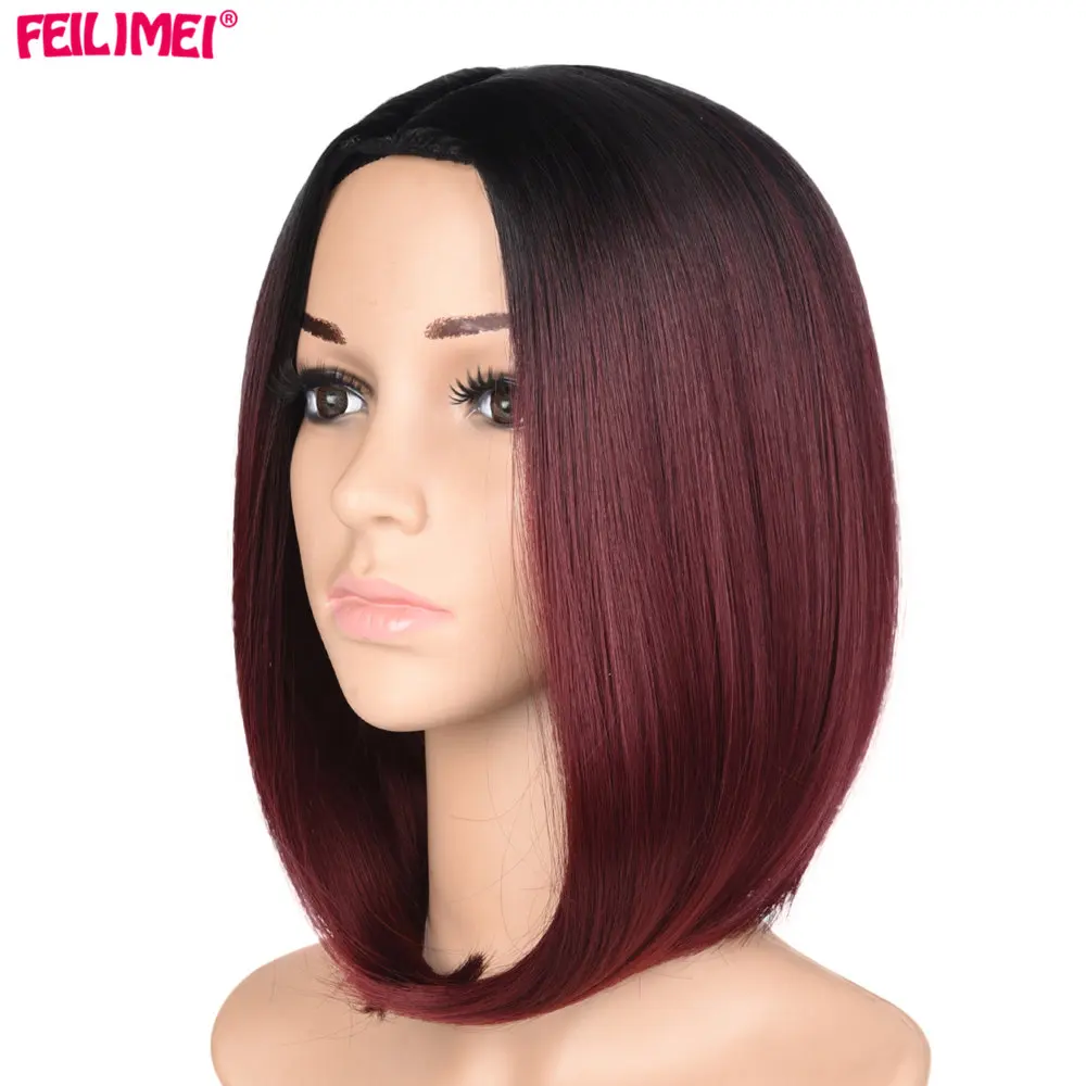 Feilimei Короткий прямой парик Боб Афро-американский синтетический термостойкие волосы для черных женщин Омбре красный цвет косплей парики