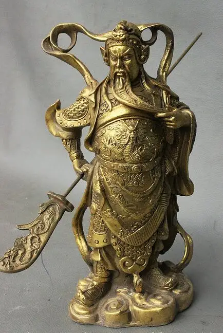 

9" Folk Chinese Brass General Hero Warrior Dragon Guan Gong GuanYu Sword Statue