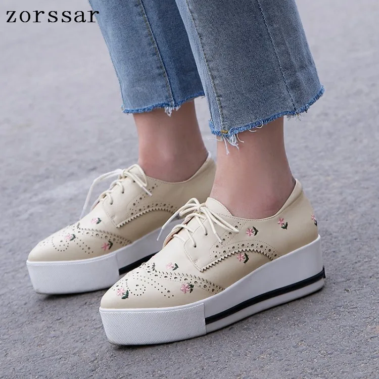 

2019 women flats Genuine Leather platform sneakers shoes women lace up casual flat Pointed shoes creepers moccasins shoes