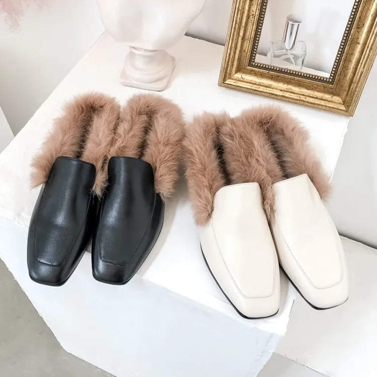 

PXELENA Brand New 2019 Real Rabbit Fur Mules Shoes Women Genuine Cow Leather Low Heel Furry Fluffy Winter Spring Slippers Shoes