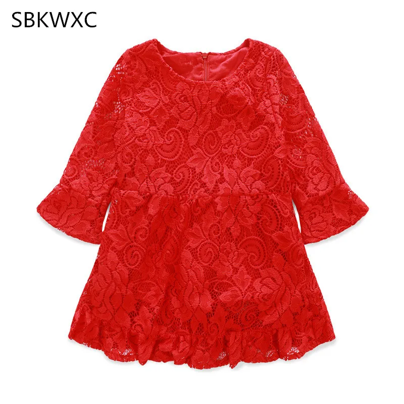 

Girl Dresses Princess Party Wedding Kids Clothes Lace Long Sleeve Flare Sleeve Children Prom Dresses Red 2-6Y