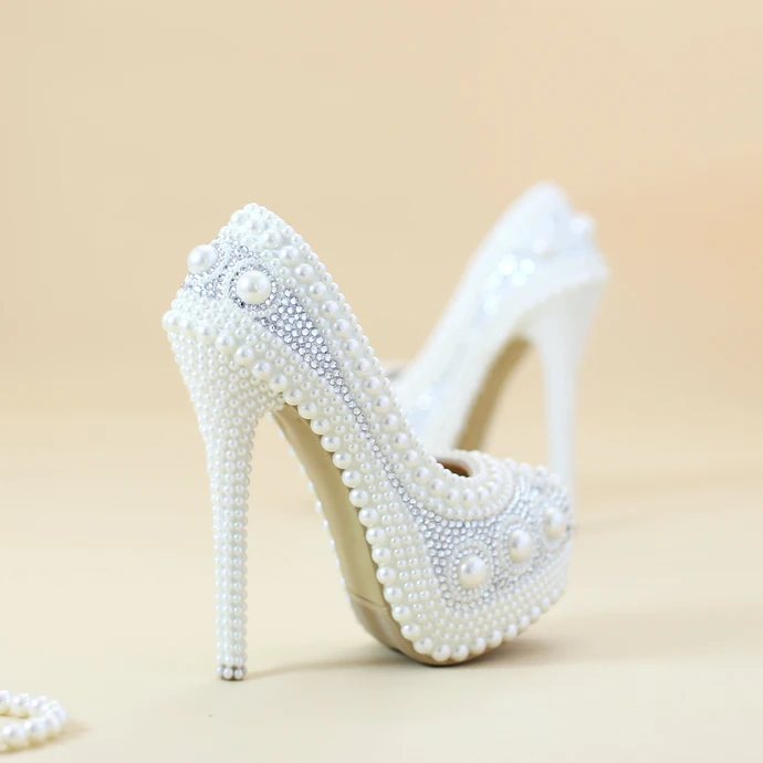 

Shoes wedding white Pearl round toe evening dress wedding shoes bride heels platform waterproof festival gift for wife daughter