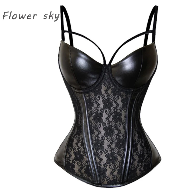 Женский корсет из ПУ кожи с цветочным кружевом|leather bustier corset|bustier corsettop corset |