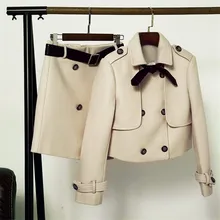 Осеннее женское двубортное шерстяное пальто из двух частей+ шерстяная юбка элегантные женские пальто с длинным рукавом короткая верхняя одежда WZ489