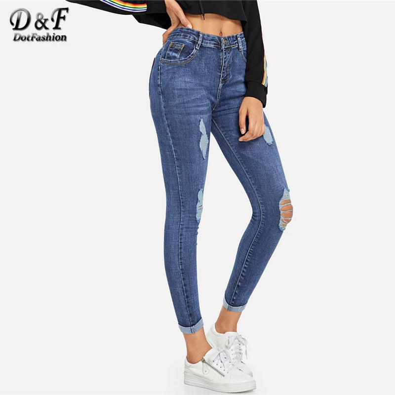 

Dotfashion Blue Roll Up Ripped Skinny Jeans Woman 2019 Autumn Casual High Waisted Pants Womens Clothes Zipper Fly Plain Trousers