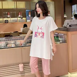 Новый костюм для беременных в Корейском стиле, рубашка с рисунком кролика + широкие штаны с широкими штанинами с рисунком желудка, два
