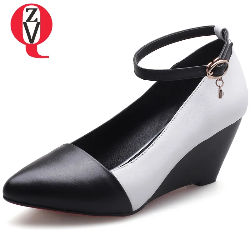 

ZVQ woman new fashion high heels shoes pointed toe mixed color ankle buckle pumps ladies outside party wedges shoes spring heels