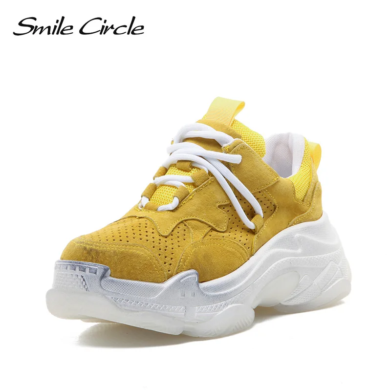 

Smile Circle Sneakers Women Flat Wedge Shoes 2019 spring Chunky Lace-up Genuine Leather breathable running casual shoes women
