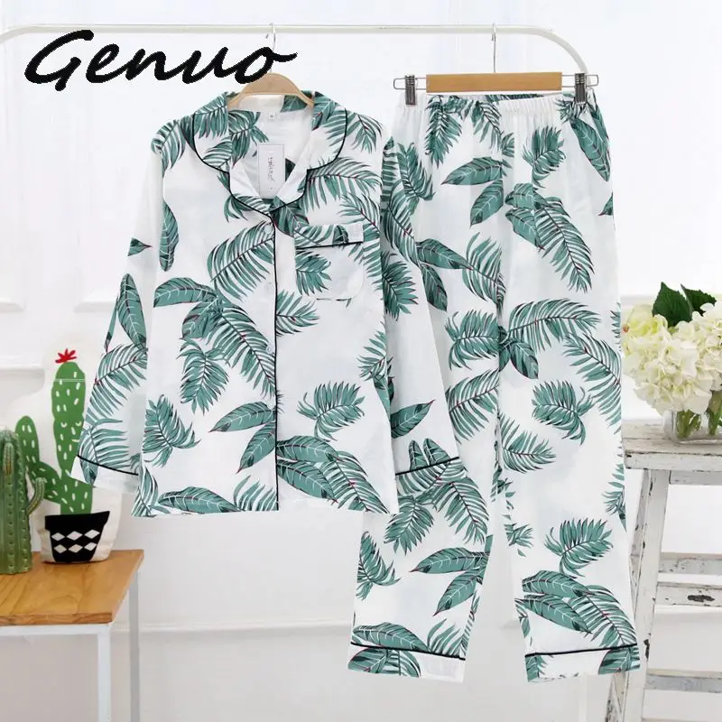 

Genuo New Autumn Spring Women Pajamas Sets Print Long Sleeves Shirt+Pants Nightwear Cotton Sleepwear Coton Pijamas Plus size