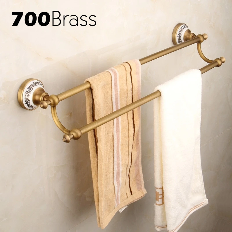European Style Brass Bathroom Double Towel Bars Antique Wall Mounted