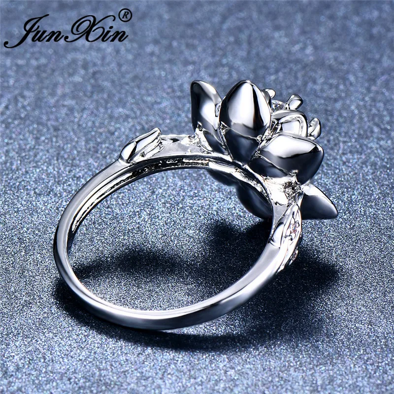 JUNXIN Charm Lotus Flower Female Ring 925 Sterling Silver Filled Real Zircon Inlay White Rings For Women Engagement Jewelry Gift