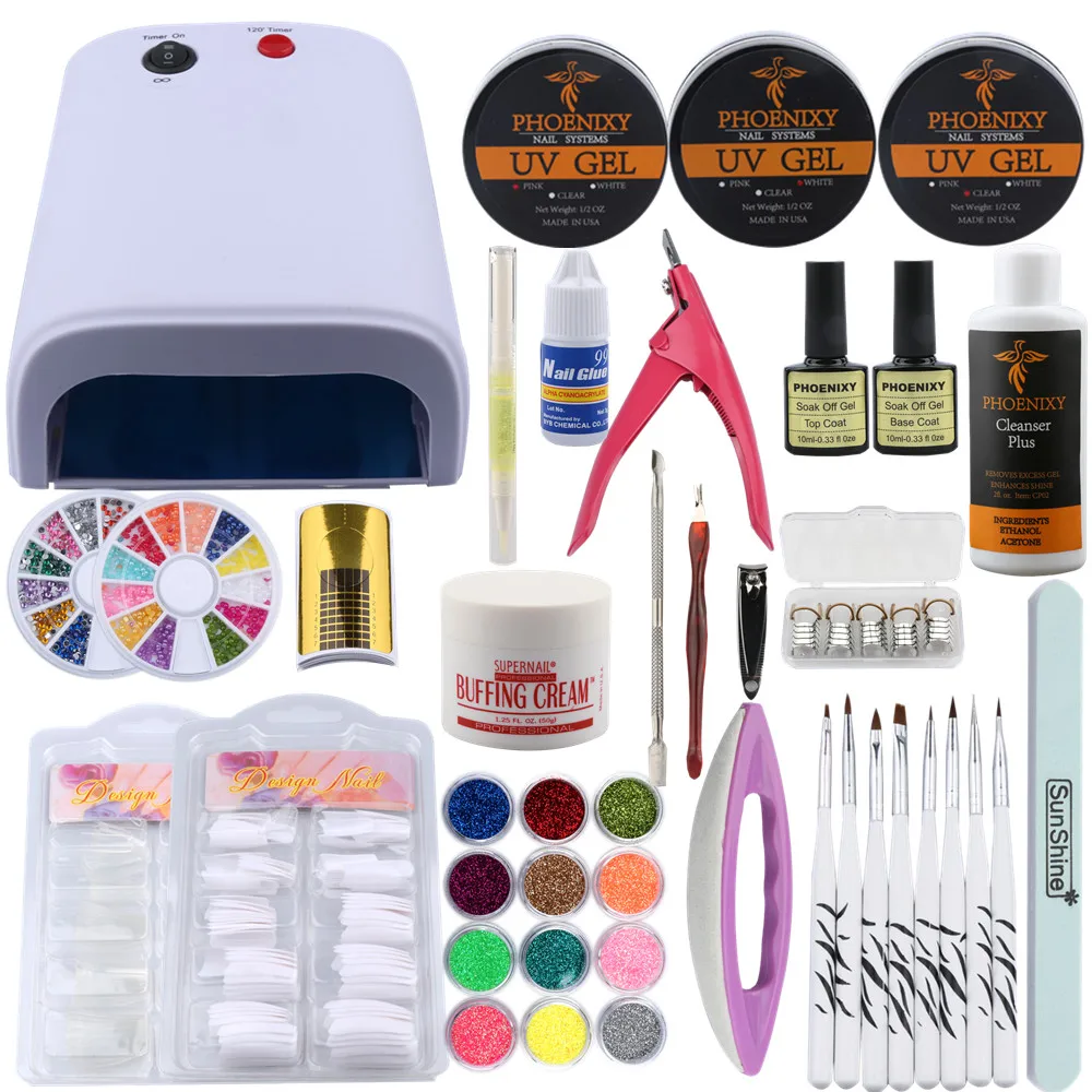 

UV Gel Nail Kit 36W UV Lamp Nail Dryer Light Manicure UV Gel Polishes Nail Kit Base Gel Topcoat French Tips Glue Glitter Sets