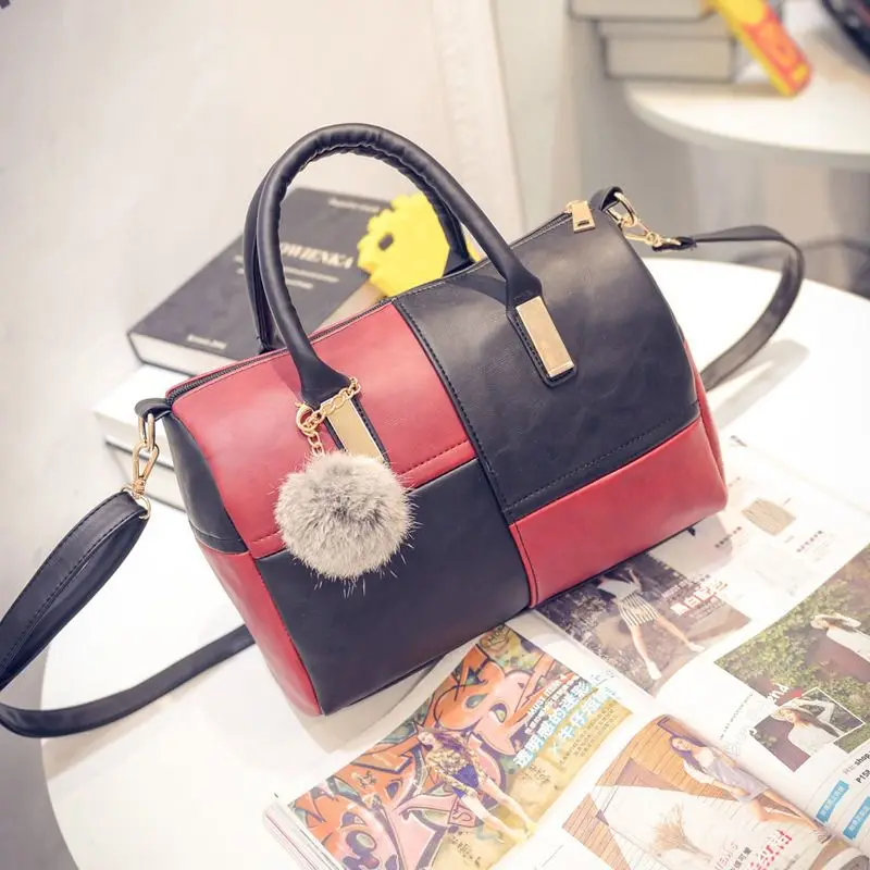 

2019 Hot Women PU Leather Handbags Spring Hair Ball Pendant Stitching Color Versatile Messenger Zipper Simple Retro Shoulder Bag