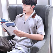 Летние пижамы мужские брюки с коротким рукавом шелковая атласная пижама Мужская пижама одноцветная одежда для сна ночные рубашки мужские