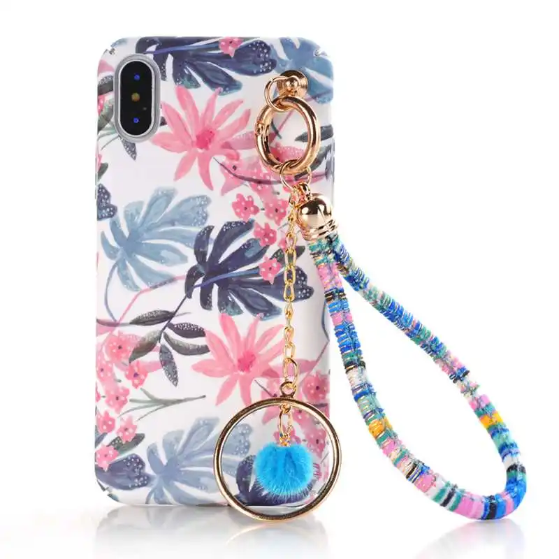 

Art Drawing Cartoon Flamingo Floral Hard PC Phone Case For iphone x xs max xr 6s 7 8 6 Plus Fur ball Chain Tassels Pompom Coque