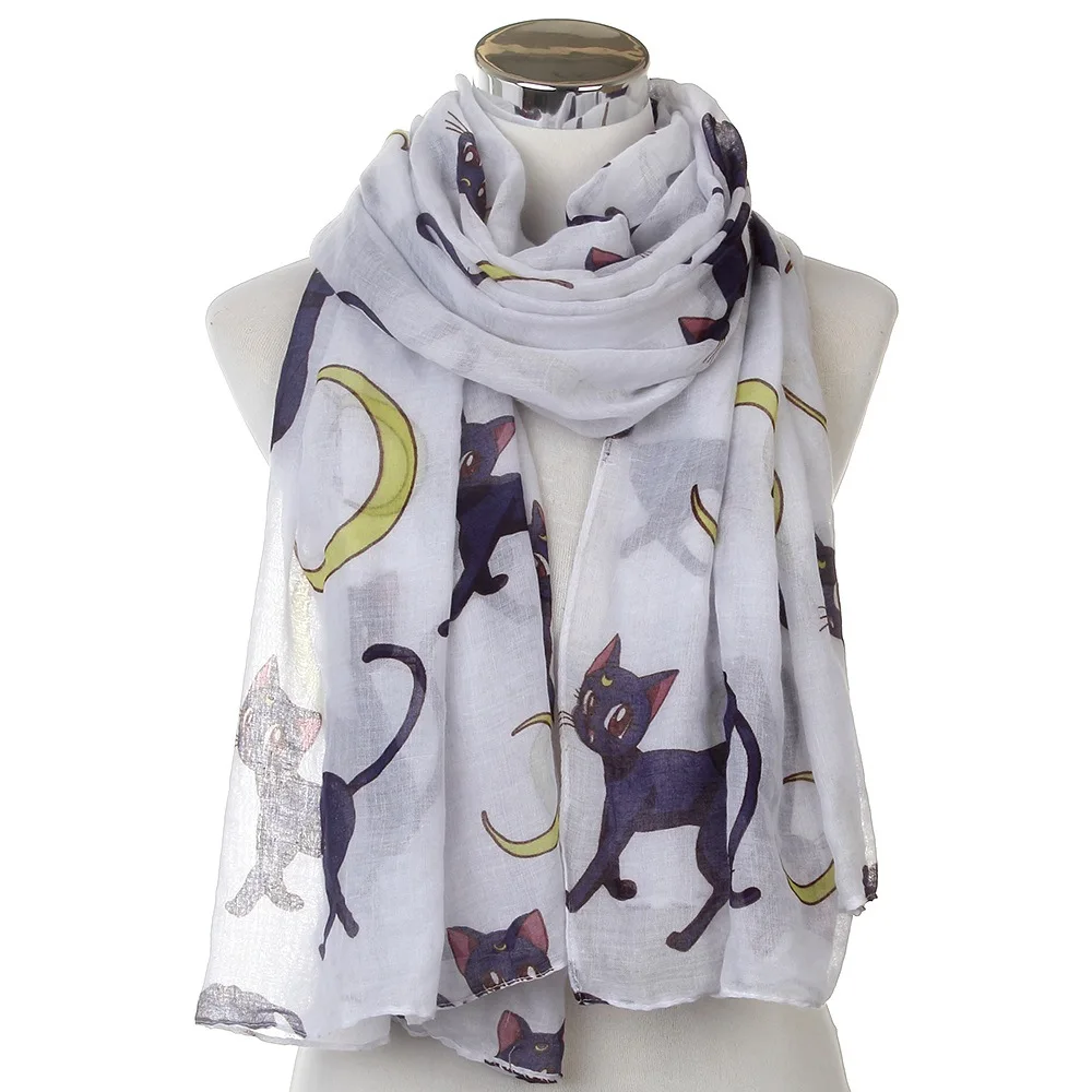 

OLOME 2019 Fashion Cartoon Cat Scarf White Women Moon Animal Print Scarves Stoles Female Ladies Hijab Foulard