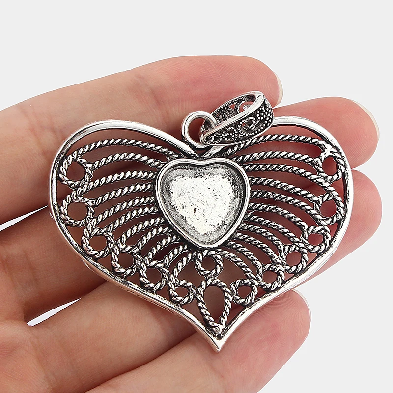 

4PCS Vintage Silver Hollow Filigree Heart Charms Pendants 15x16mm Trays Cameo Cabochon Base Setting Necklace Findings Jewelry