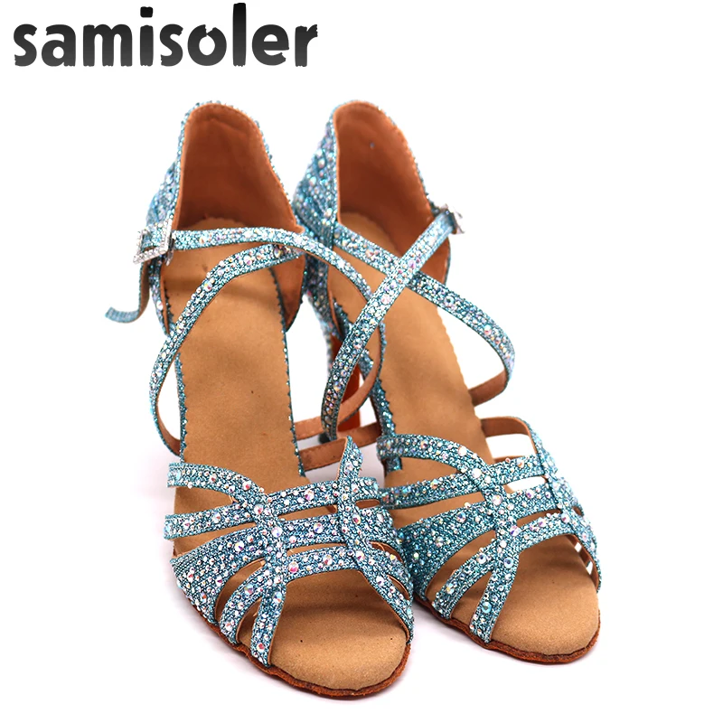 Женские туфли для бальных танцев Samisoler Синие стразы профессиональные танго и