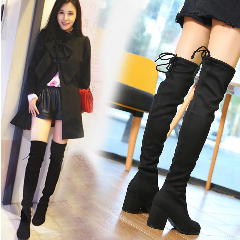 Boots children 2018 autumn and winter new thick high-heeled elastic boots slim boots plus velvet over the knee boots women.
