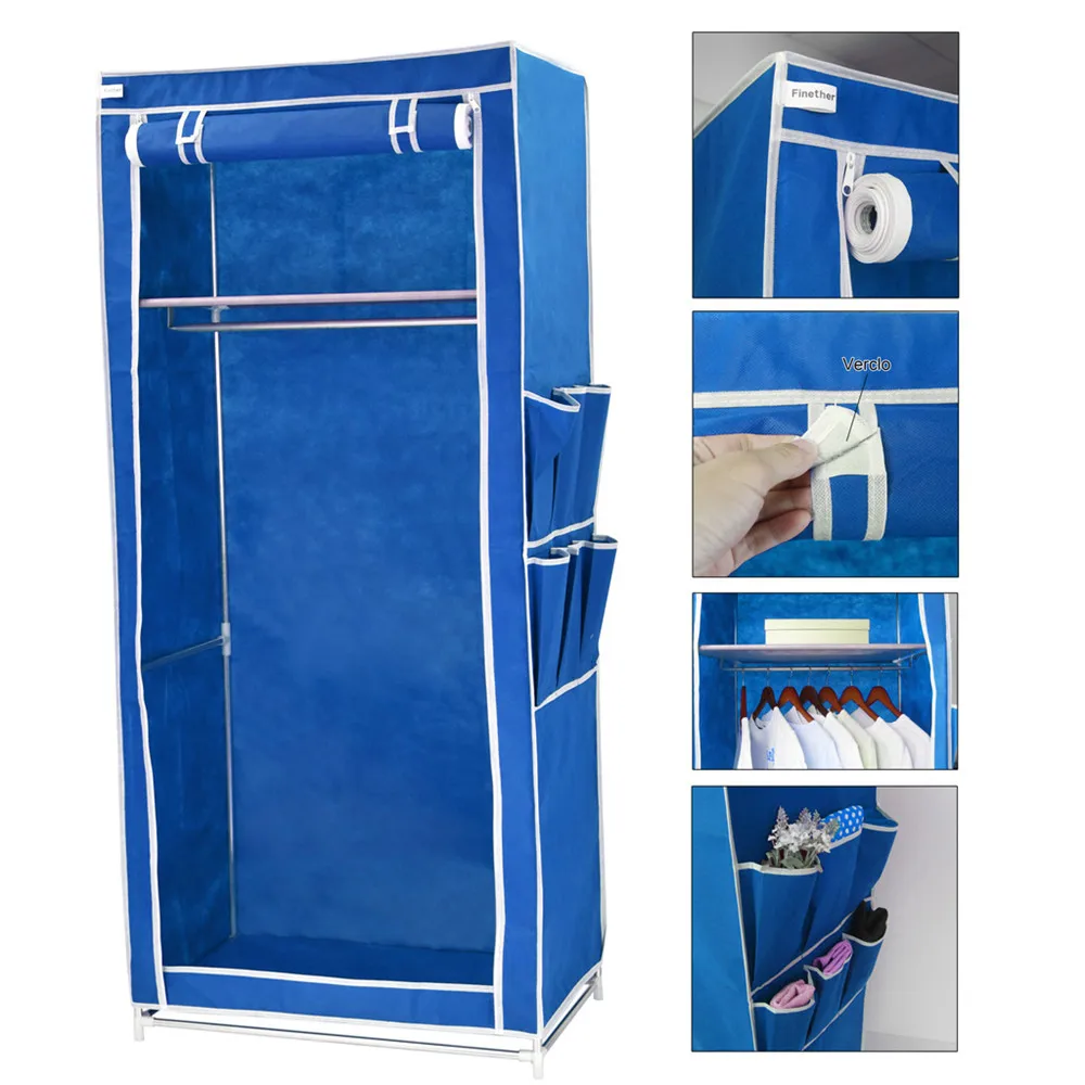 Finether Non-Woven Fabric Single Wardrobe,Portable Wardrobe Storage Organizer with Side Pockets-Blue1