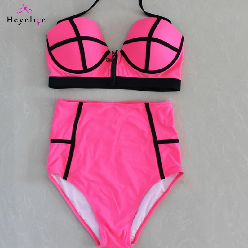 Billig Sexy Hohe taille Bikini Set Badeanzüge Frauen Push Up Bikinis HighWaist Zipper Badeanzüge Vintage Bademode Retro Biquinis