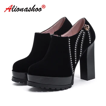 

2019 New Fashion Spring Autumn Platform Ankle Boots Women 11cm Thick Heel Platform Boots Ladies Worker Boots Black Big Size 43