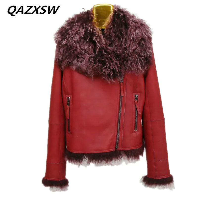 QAZXSW 2018 Новый Для женщин зимние кожаные пальто шерсть мериноса мех один короткий