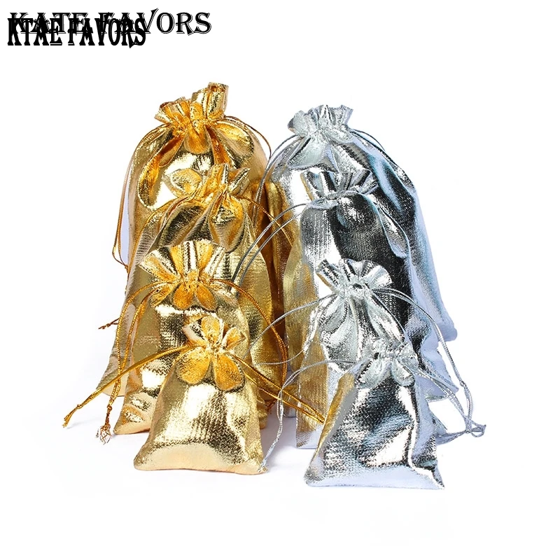 

100pcs Gold/Silver Color Drawstring Organza Jewelry Organizer Pouch Satin Christmas Wedding Gift Bag Jewelry Bag More Size