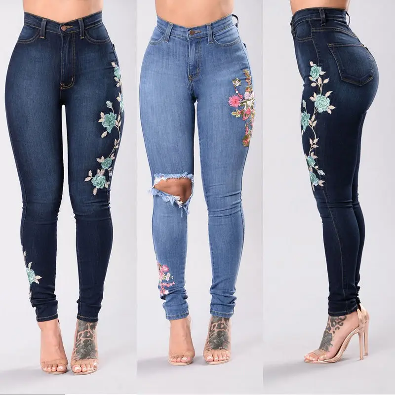 Fashion WOMENS PLUS SIZE HIGH WAIST Distressed RIPPED BLUE SKINNY DENIM JEANS Embroidery Stretch Pencil Pants