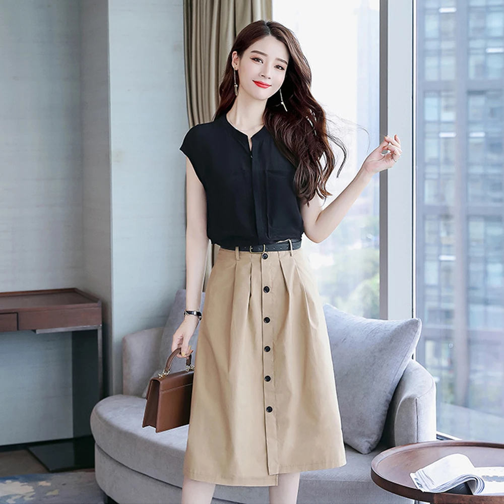 

Spring and Summer new style Chiffon top + skirt temperament two-piece suit Waist commuter dress