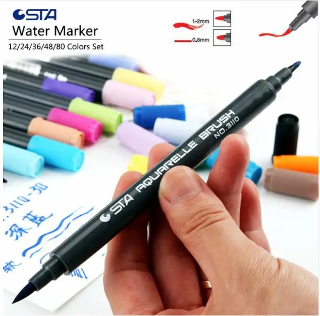

STA 24 36 48 80 Colors Water Brush Marker Double Head Aquarelle Drawing Sketch Marker Brush Design Pen Colors Set Art Marker Set