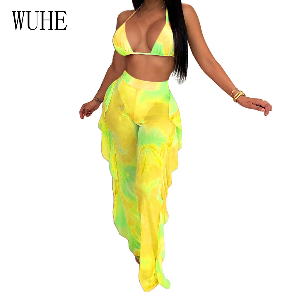 

WUHE Two Piece Set Sexy V Neck Sheer Mesh Ruffles Print Bodysuit Women Streetwear Overalls Boho Beach Club Bodycon Jumpsuit