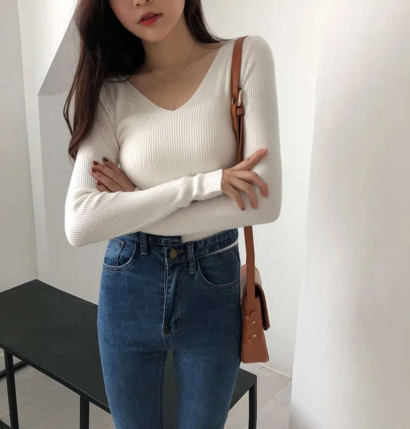 

V-neck Pullovers Shirt Woman 2019 Knitting Unlined Upper Garment Long Sleeve Knit Base Sweater Elastic Autumn Bottoming Shirt