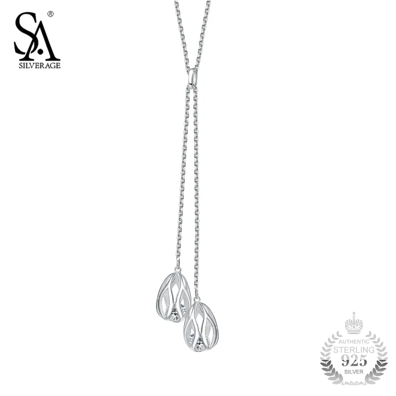 

SA SILVERAGE Silver Necklace Cage Pendant with CZ Stone 925 Sterling Silver Chain Long Sweater Necklace for Women Accessory