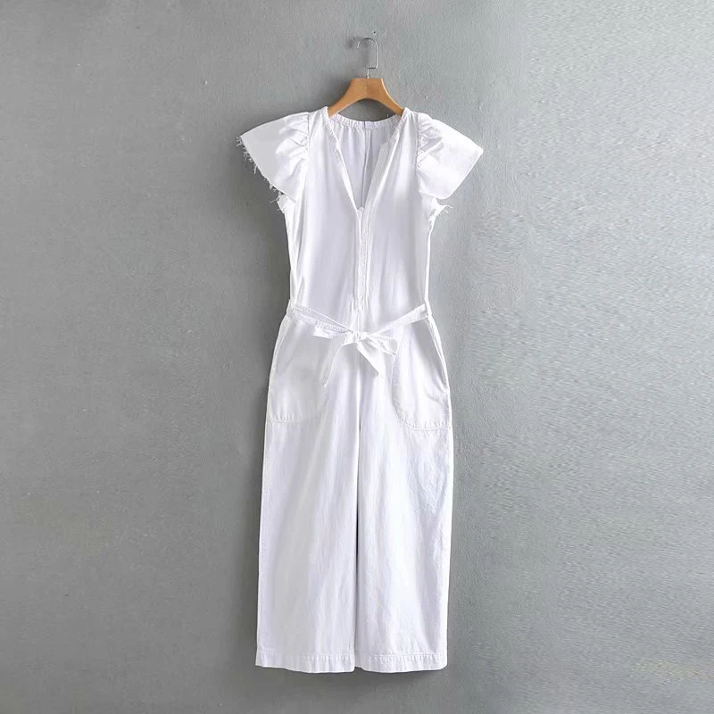

Spring-Summer Fashion Women White Long Jumpsuit 2019 Female Adjustable Waist With Belt V-neck Loose Jumpsuit combinaison femme