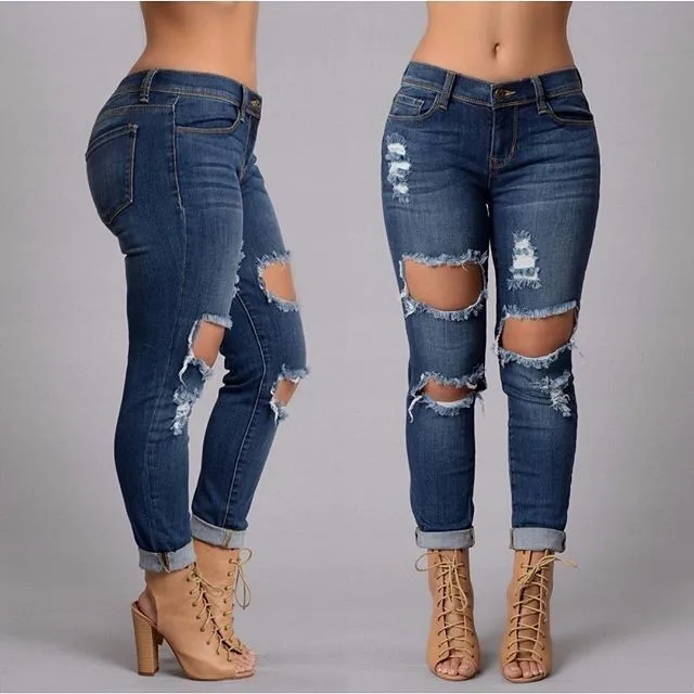 2016 Sexy Fashion New Style Jeans Full Length Mid Waist Ripped Jeans