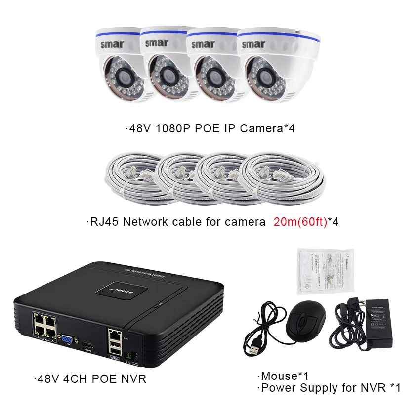 Smдомашняя система видеонаблюдения 4CH 1080P POE 48V NVR комплект видеонаблюдения 4 шт. 2MP 20FPS домашняя купольная IP камера PoE NVR комплект системы видеонаблюдения - Цвет: Черный