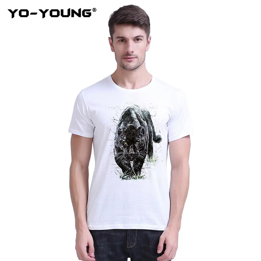 

Yo-Young Men T Shirts Panther Predator Animal Watercolor Painting 100% 180 gsm Combed Cotton Casual Men Tee Tops Customized