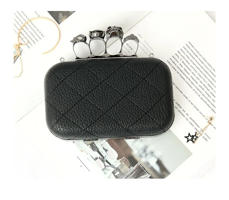 Lichee Pattern PU Women Clutches Bag Purses Knuckle Rings Ladies Leather Evening Bag Party Bride Day Clutch Chain Shoulder Bag