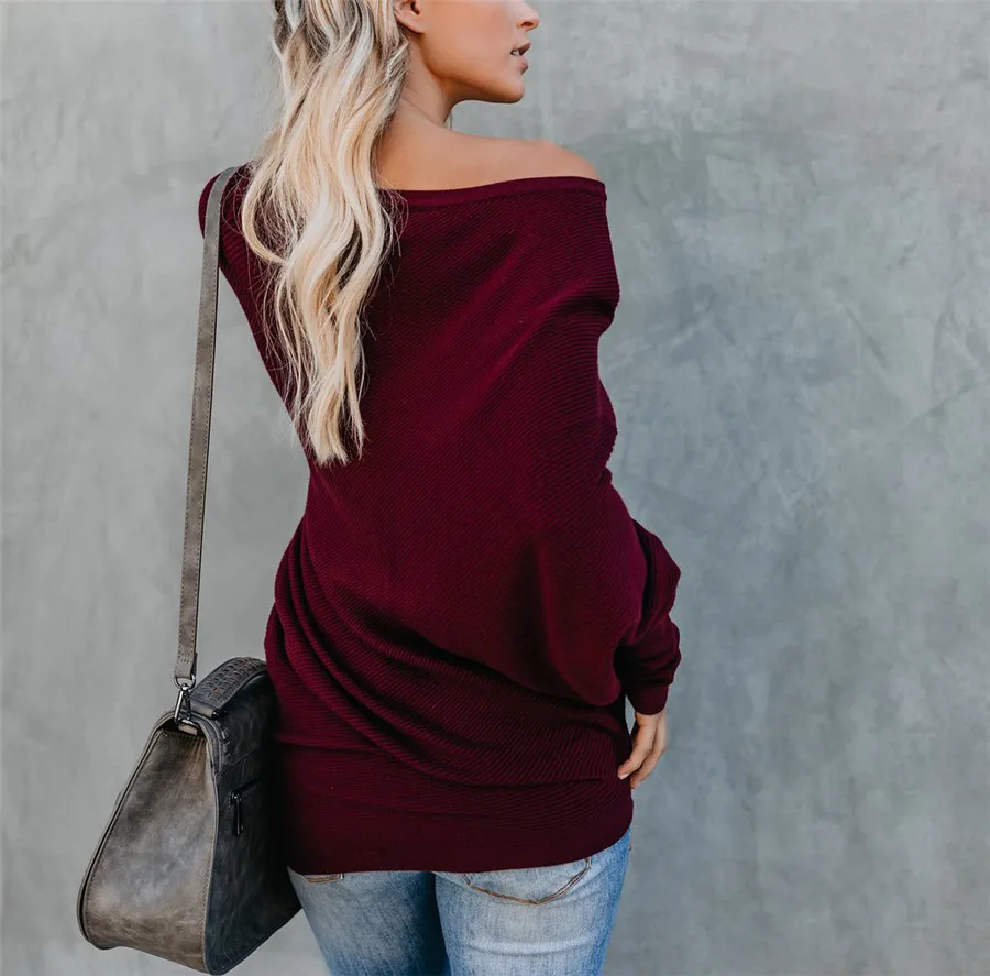 Gladiolus Slash Neck Sexy Autumn Winter Sweater Women 2018  Long Sleeve Loose Casual Long Knitted Pullover Women Sweater Jumpers (19)
