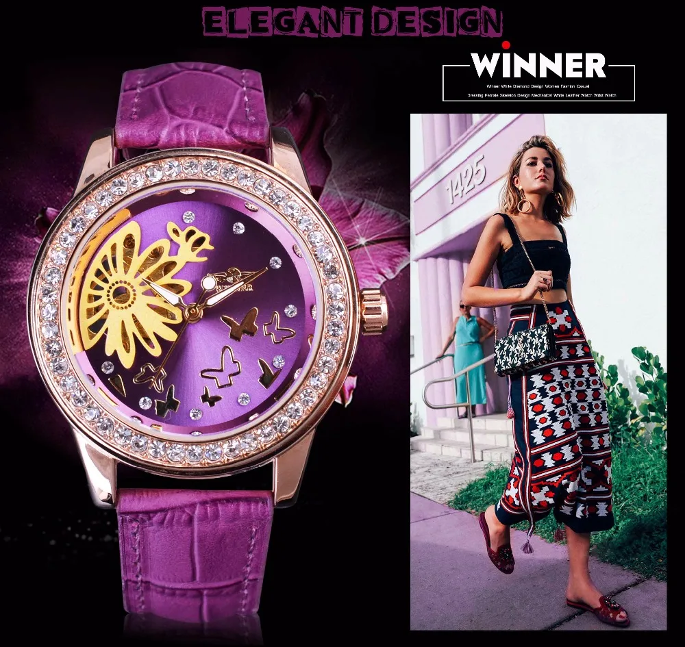 Goede Winnaar Mode Jurk Paars Band Bloem Dial Display Lady Horloge Top Merk Luxe Vrouwelijke Slijtage Mechanische Vrouwen Horloge Klok