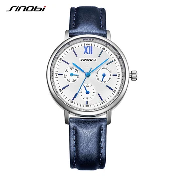 

SINOBI Women Blue Leather Quartz Watch Ladies Clock 24 Hour Display Relogio Feminino Women's Bracelet Watches 2020 Luxury Gift
